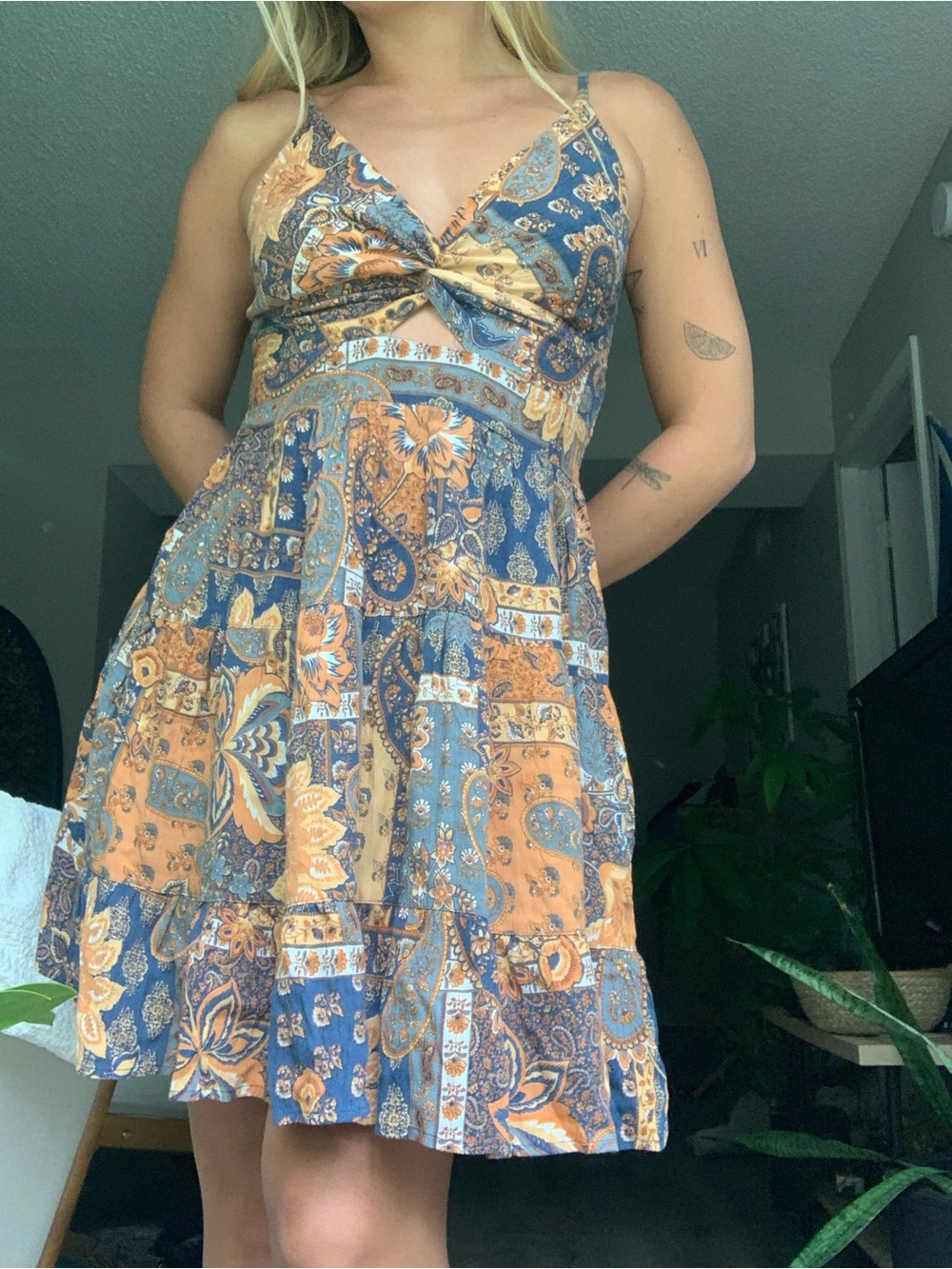 Angie Boho Patchwork Sundress in Blue and Tan